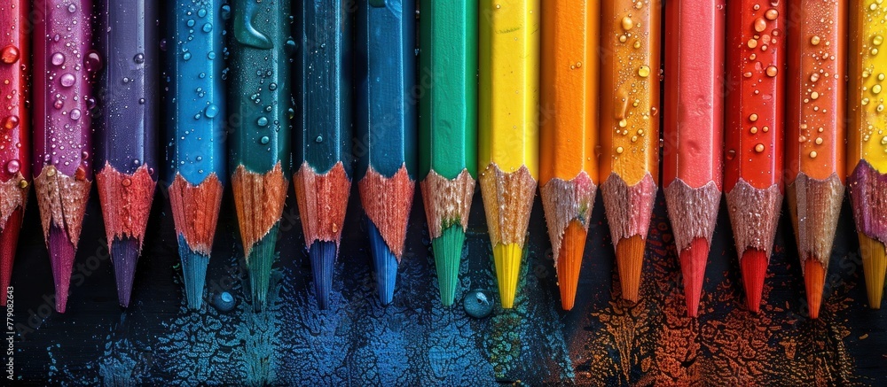 Poster assorted colored pencils lined up in a row with water droplets on them, creating a vibrant and artis