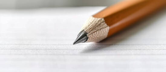 A detailed view of a sharpened pencil resting on a blank white sheet of paper, ready for writing or...