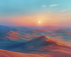 Desert at twilight, soft pastel hues, low angle, panoramic shot, serene atmosphere
