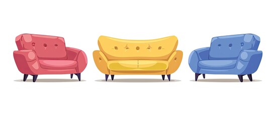 Three vibrant chairs and a cozy couch arranged next to each other on a clean white background, showcasing a mix of outdoor furniture made from hardwood with armrests for added comfort
