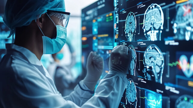 Medical professional analyzing brain scan images on a digital screen. Advanced diagnostics in neurology and medical technology concept. Design for healthcare educational material