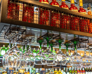 wine glasses in a bar