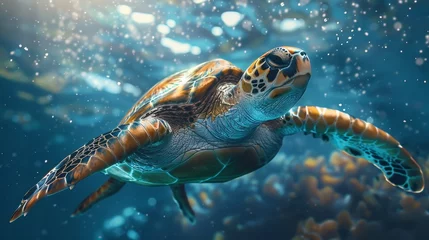 Schilderijen op glas Bioluminescent ocean encounter  sea turtle amid glowing plankton in dramatic underwater scene © RECARTFRAME CH