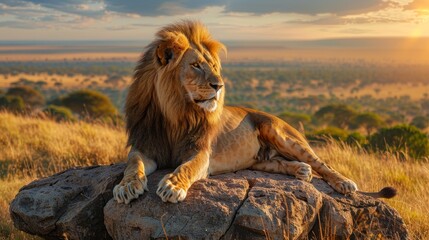 Majestic lion resting on sunlit rock with expansive savanna backdrop in golden light