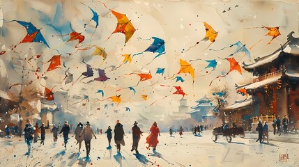 A traditional Basant scene with colorful kites floating on a white canvas, creating a visually captivating composition