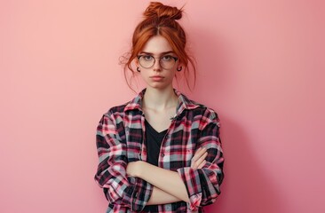 Portrait of tender red-haired teenage girl with serious expression.