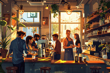 Cozy urban cafe interior with customers enjoying coffee. Warm light digital illustration