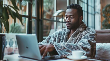 A man is wearing a robe while working on his laptop. - Powered by Adobe