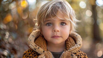 An image of a young boy in a playful animal print outfit, his innocence and fun captured against a natural forest backdrop 