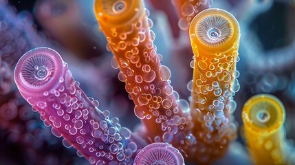 Spirostomum under 3D microscope, elongated protozoa, vibrant, direct overhead perspective.8K - obrazy, fototapety, plakaty