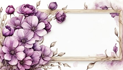 A watercolor painting of purple flowers with a blank frame in the middle.

