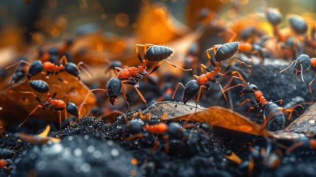 Detailed macro photograph of ant colony in forest, showing intricate bodies and surrounding textures