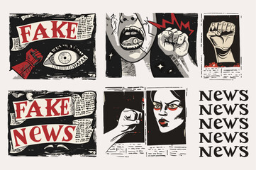 Set illustrations face,  lips, eyes, fist, above them, "FAKE News", newspaper cut out look, vintage style, flat design, clip art aesthetic, simple collage in  style of a newspaper collage.