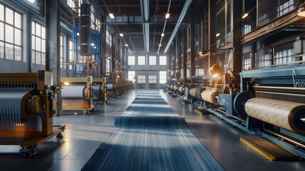 A modern textile weaving mill with weaving machines and yarns, momentarily still but ready to produce fabrics with intricate patterns and textures