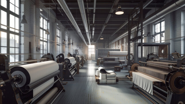 A modern textile weaving mill with weaving machines and yarns, momentarily still but ready to produce fabrics with intricate patterns and textures