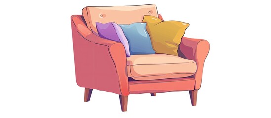 A violet chair with colorful pillows, set on a wooden flooring. The chair is a comfortable rectangle shape, with shades of purple, magenta, and red, against a white background