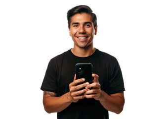 Smiling South American With Smartphone - obrazy, fototapety, plakaty