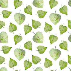Green leaves of trees seamless pattern. Hand drawn watercolor elements. Background for decor, wrapping paper, ceramics tile, posters, banners.