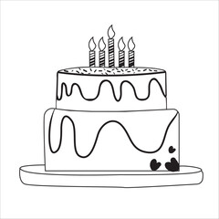 vector doodle cake Isolated on white background,hand-drawn cake with candles. Sketch-style vector illustration.