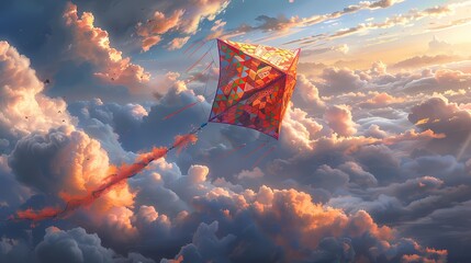 A traditional diamond-shaped kite adorned with vibrant geometric patterns, floating effortlessly amidst fluffy white clouds