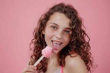 Curly-haired girl with pink lollipop against vibrant pink background, smiling joyfully