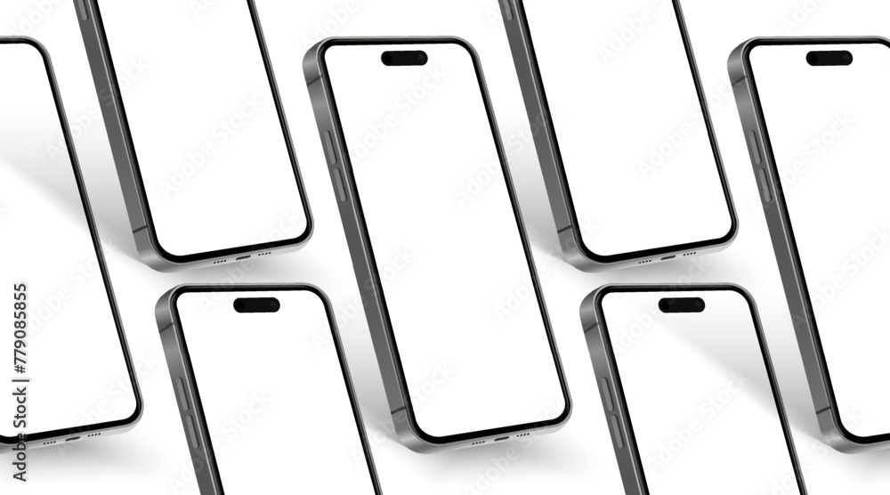 Poster 3D realistic high quality smartphone mockup with isolated background. Smart phone mockup collection. Device front view. 3D mobile phone with shadow on white background.