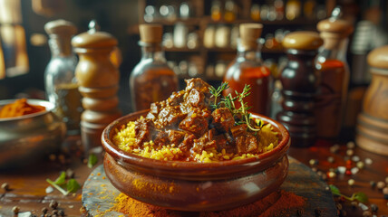 A beef stew over rice in a clay pot