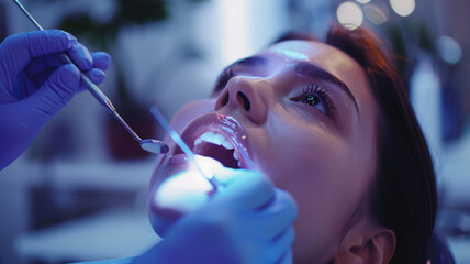 Young woman receiving dental treatment - obrazy, fototapety, plakaty
