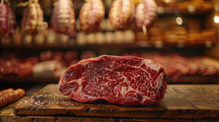 Raw steak on butcher's counter - obrazy, fototapety, plakaty