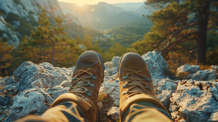 A pair of boots with a mountain view at sunrise.