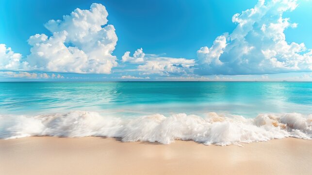 Tropical beach with white sand and rolling foamy wave of turquoise ocean