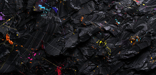 An abstract black marble texture, where the stone's natural patterning is enhanced by splashes of vibrant colors. 32k, full ultra HD, high resolution