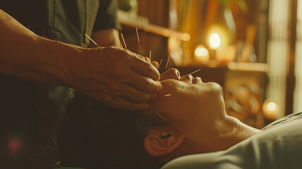 Person receiving acupuncture treatment. - obrazy, fototapety, plakaty