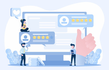 Online customer positive review, analyze customer satisfaction, survey, feedback, loyalty, rating stars to improve products or services. Flat design vector illustration.