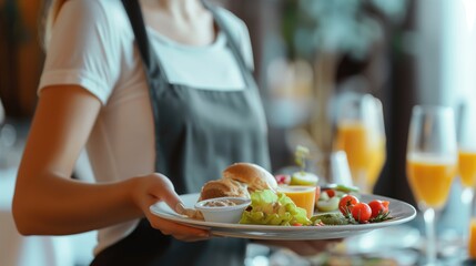 Closeup waitress in uniform holding a tray with food in a hotel or restaurant hall