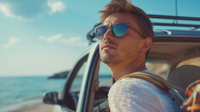 Closeup young man traveler in sunglasses standing near car on the seaside beach