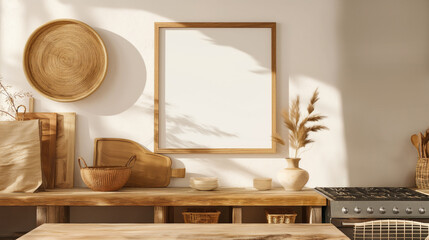 Three poster or photography frame mockup on the wall in the Boho style kitchen room