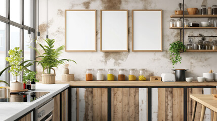 Fototapeta premium Three poster or photography frame mockup on the wall in the Boho style kitchen room