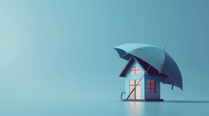 House figure under umbrella, property safety and insurance concept on isolated blue background with space for copy