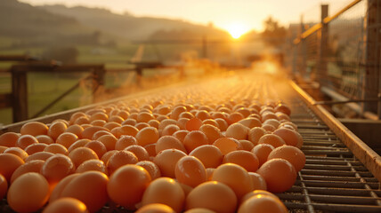 A collection of eggs on a farm conveyor belt at sunrise