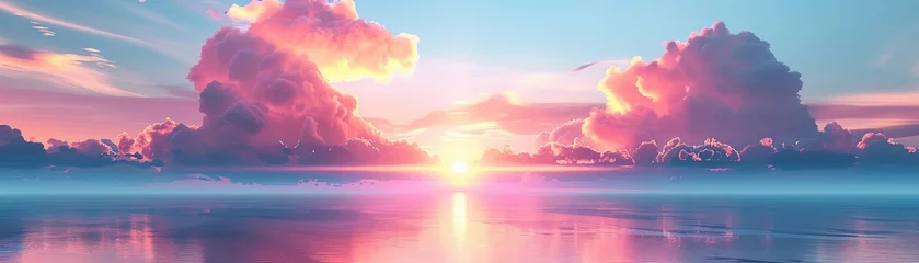 Fotobehang Dreamy cloud city, pastel, sunrise, floating serenity , 3D illustration © kaiwit