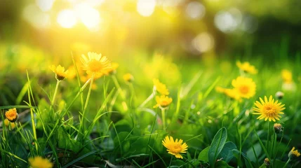 Fototapete Closeup of field with grass and yellow dandelion flowers © GulArt