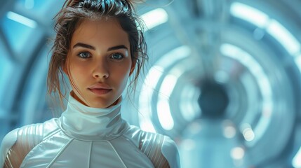 A young woman in a futuristic ensemble, her walk exuding confidence and innovation, set against a backdrop of sleek, high-tech scenery 