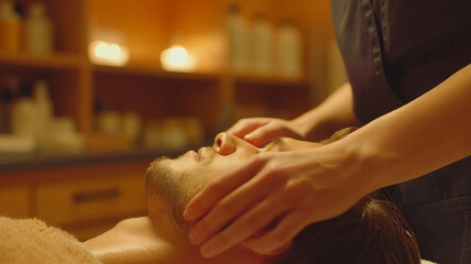 Person receiving a facial massage at a spa - obrazy, fototapety, plakaty