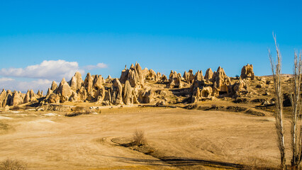 Göreme, Turkey - March 21 2014: Cone shaped Rock formation so called fairy Chimneys in Paşabağ...