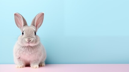 Cute rabbit on pink and blue background, copy space, baby rabbit, isolated, animal ear