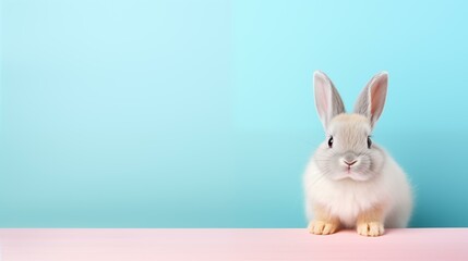Obraz premium Cute rabbit on pink and blue background, hare, pet, fur