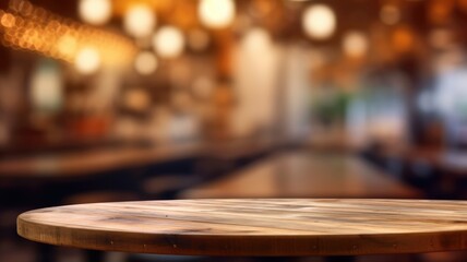 The empty wooden table top with blur background of indoor vintage cafe. Exuberant image. generative AI - obrazy, fototapety, plakaty