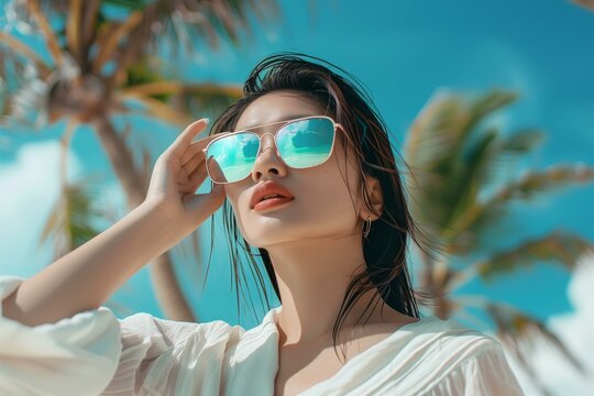 stylish Asian young woman wearing holographic sunglasses and ivory linen clothes palms and beach in the background