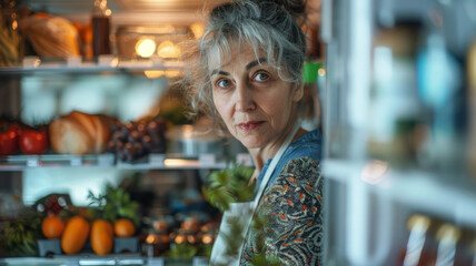 A senior woman looking inside a refrigerator filled with fresh produce.